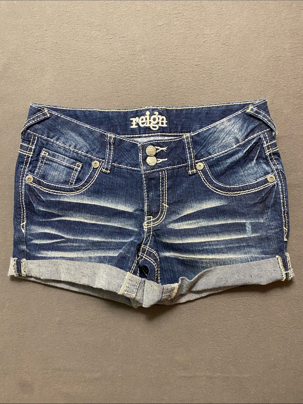 Reign Distressed Indigo Denim Cuffed Shorts Dark Wash Girls Size 5